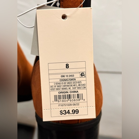 Cognac Slip On Ankle Boot, Pointed Toe, Stacked Heel, Flocked A New Day 8 - Picture 7 of 8